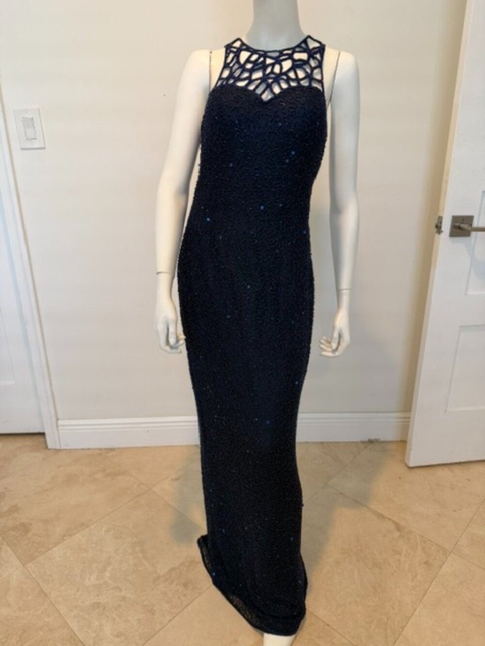 Vintage Scala Navy Beaded Silk Evening Gown Caged Yoke Bodice Floor Length